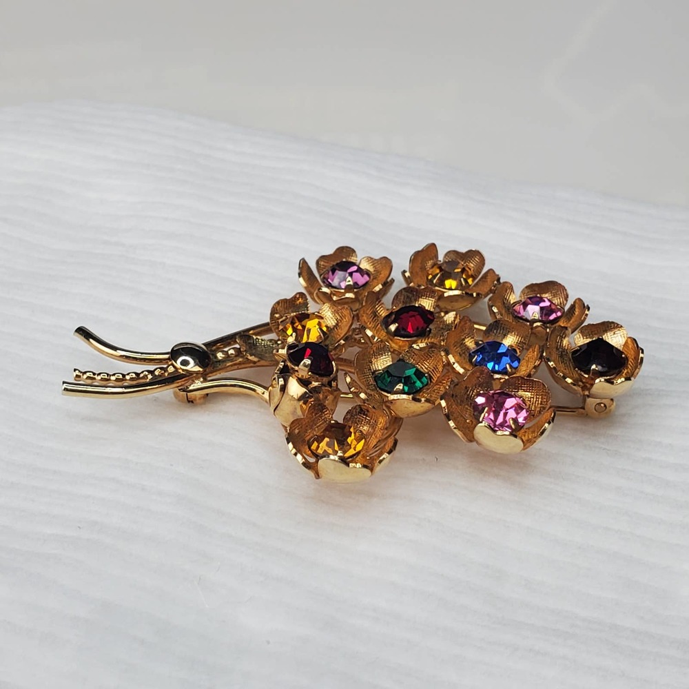 Vintage 12k Gold Fill Colorful Rhinestone Floral Bouquet Brooch - Picture 9 of 11